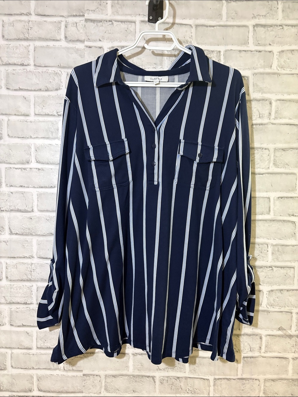 MySTYLE Striped Navy and White Button-Trim Tunic, 2X